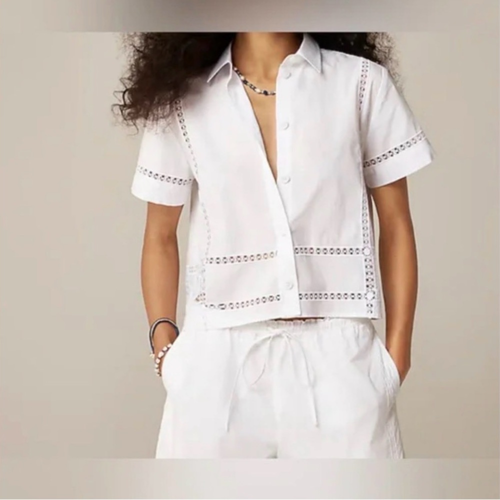 J.Crew Gamine Cropped Eyelet- Trim Button up Top Size 4